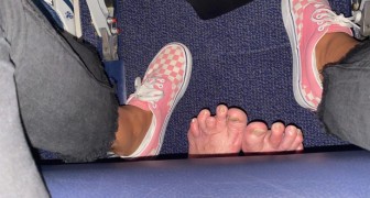 On an airplane, the passenger seated behind her stretches his bare feet under the seat, invading her personal space