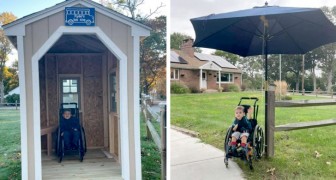 Students voluntarily build a bus stop for a young wheelchair user