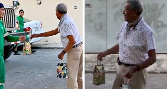 Älterer Mann schenkt den örtlichen Müllmännern Weihnachtsgeschenke, um ihnen für ihre tägliche Arbeit zu danken