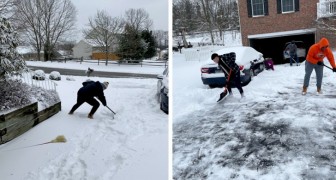 Jovens atletas faltam ao treino e limpam a neve das casas dos idosos do bairro