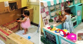 Een creatieve moeder bouwt een miniatuurkeuken voor haar dochter van oude kartonnen dozen