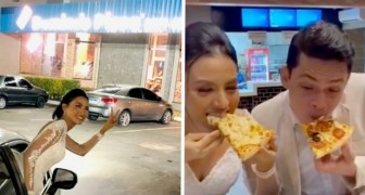 Ze viert haar huwelijk door haar favoriete pizza in een witte jurk te gaan eten