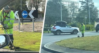 Man sees a worker mowing the lawn at a roundabout and cannot believe his eyes: It was synthetic grass