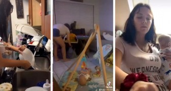 Hausfrau und Mutter, die von ihrem Mann beschuldigt wird, den ganzen Tag nichts zu tun, zeigt ein Video von Hausarbeiten