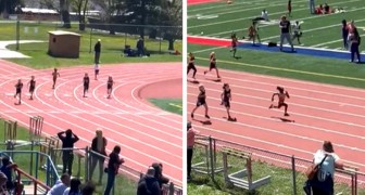 7-year-old girl loses her shoe at the start of a race: she goes back to get it, she doesn't give up and wins the race (+ VIDEO)