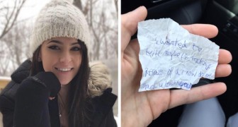 Young woman offers a coffee to a homeless man and lets him sit at her table: he writes her a touching thank-you note
