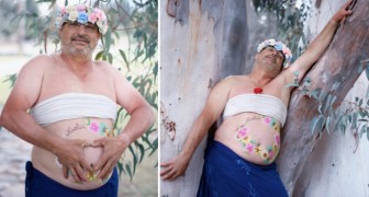 Uomo posa per delle foto-parodia di una gravidanza sfoggiando il suo pancione e diventa una star del web