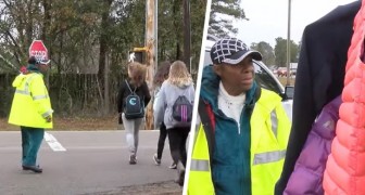 Cette femme aide les enfants à traverser devant l'école et offre des manteaux aux élèves qui n'en ont pas