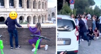 Ze knielt voor het Colosseum om haar partner ten huwelijk te vragen: hij rent hard weg (+ VIDEO)