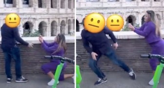 Hon knäböjer framför Colosseum för att fria till pojkvännen, men han flyr