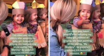 Newly adopted child spots her mother during a school play and cannot hold back her joy