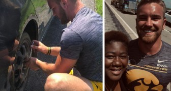 Mother is stranded with a flat tire: a famous football player stops to help her