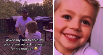 Small child thinks he is filming his dad, but the camera captures his beautiful expressions of joy