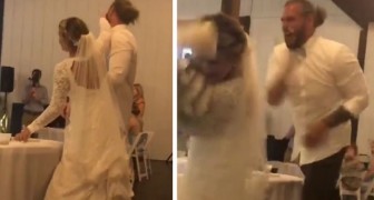 Brudgummen kastar bröllopstårtan med våld på bruden och scenen ger upphov till stark debatt