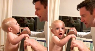 En 11 månader gammal bebis ser för första gången sin pappa utan skägg och kan knappt tro sina ögon