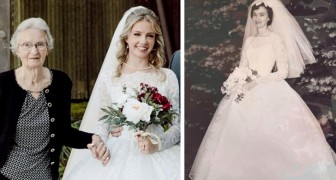 60 år senare har hon på sig sin mormors bröllopsklänning som legat i källaren sedan 1961
