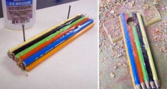 Il achète une boîte de crayons de couleur et réalise un produit artisanal très sympa
