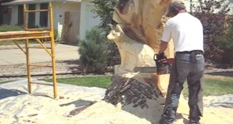 Começa a esculpir uma antiga árvore com uma serra elétrica. O resultado final? Incrível!