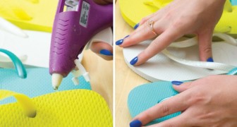 Sie beginnt damit, die Flip-Flops aneinander zu kleben: hier ein Do-it-yourself Projekt für den Sommer 