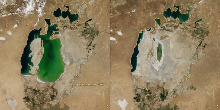 Comment a changé le lac en 2000 (à gauche) et en 2016 (à droite): il n'a plus que 10% de ses dimensions originales et sa haute teneur en salinité a détruit la faune et la flore.