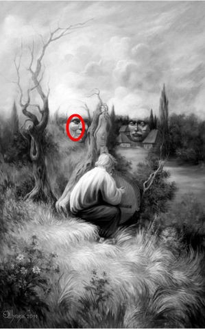 Und schließlich, ganz versteckt, ein Mann der aussieht als würde er die Frau im Baum zeichnen.