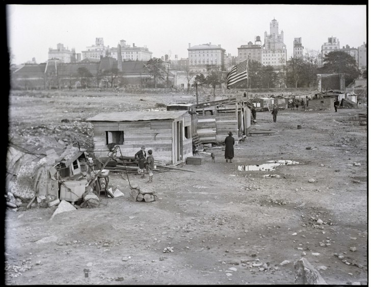 Een Hooverville-kamp in Central Park. Hier leefden veel mensen tijdens de Grote Depressie.