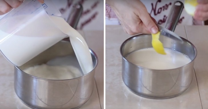 1. Bereitet die Creme für die Füllung zu: Gebt 750ml Milch in einen Topf und fügt die Schale einer unbehandelten Zitrone dazu.