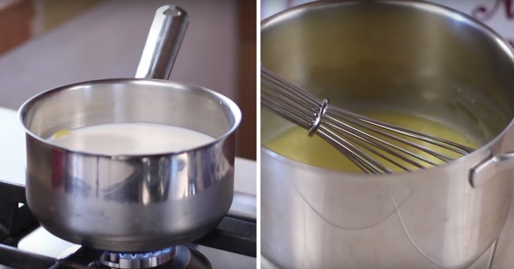 2. Mettez à chauffer le lait sur le feu; dans une autre casserole, mélangez 3 œufs entiers, ajoutez 6 cuillères à soupe de sucre puis 6 cuillères à soupe de farine.