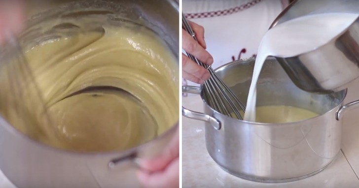 3. Bien mélangez jusqu'à ce que le mélange soit sans grumeaux, puis mélangez-le au lait devenu chaud (avant, retirez le zeste de citron! ).