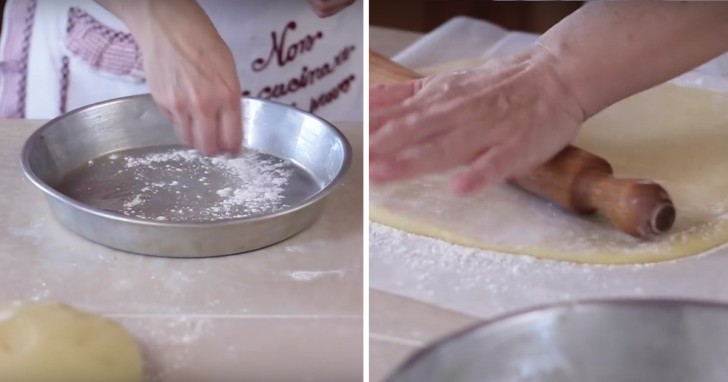 5. Prepare a round cake pan by greasing it with butter and coating it with flour. Next, put half of the dough on a sheet of kitchen parchment paper and flatten it using a rolling pin.