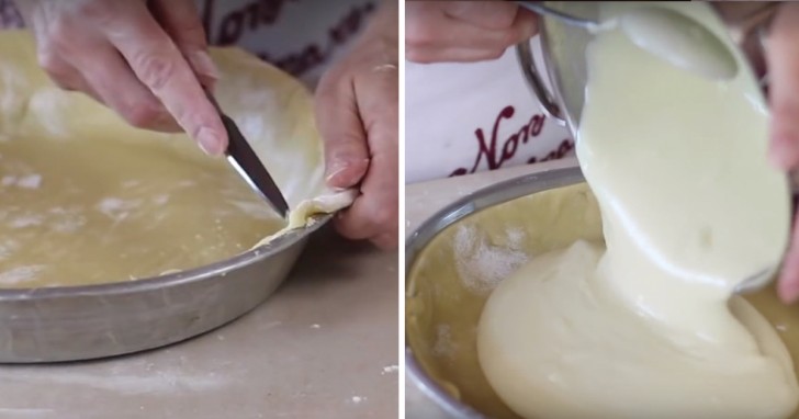 6. Placez la base de la pâte dans le moule et enlevez les bords en excès, puis versez la crème.
