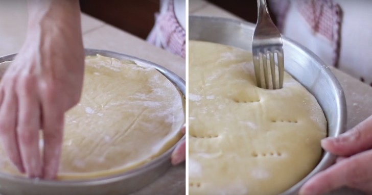7. Using the rolling pin, flatten the other half of the dough and use it to cover the cream filling in the cake pan. Remember to crush the edges with your fingers and puncture the surface several times using a fork.