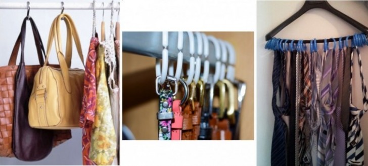 Non trovate il modo di sistemare borse, cinture o cravatte nell'armadio? Per tenerle in ordine usate dei ganci da appendere alla barra dell'armadio oppure le stesse stampelle.