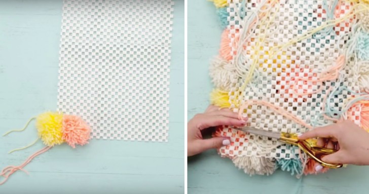Continue placing the pom-poms of different colors in the order you want until you
have completely covered the rug canvas. After you have finished -- remember to trim away any dangling ends!