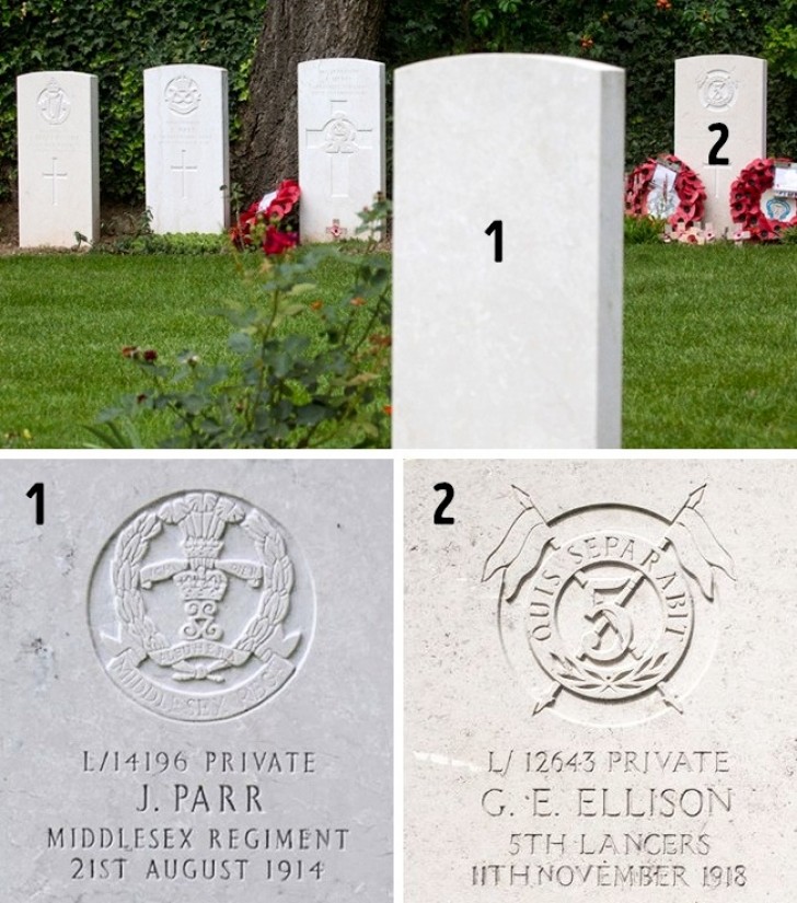 La pierre tombale du premier soldat britannique tué pendant la Première Guerre mondiale et celle du dernier se retrouvent par hasard l'une en face de l'autre, à 6 mètres de distance.