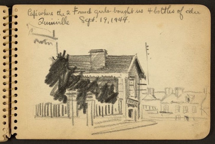 "Il caffè in cui due ragazze francesi ci hanno portato quattro bottiglie di sidro. Quinéville, Settembre 1944. "