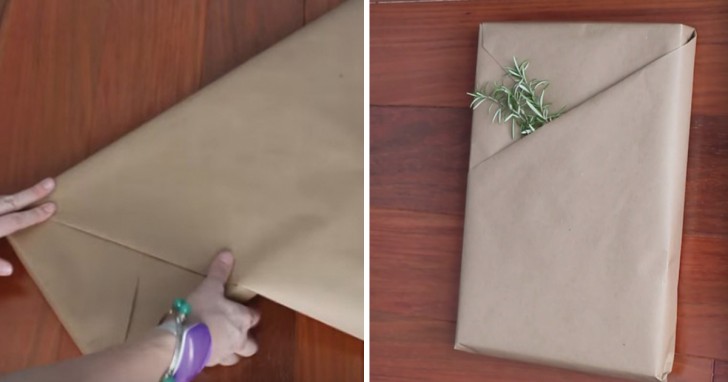 Pliez l'intérieur du troisième côté du papier cadeau et fixez en fermant avec du ruban adhésif dans la partie postérieure. Retournez et regardez la belle pochette créée!