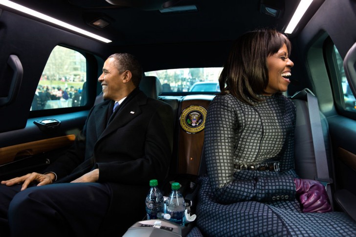 Dans la voiture lors de la parade pour l'inauguration du deuxième mandat d'Obama. 21 janvier 2013.