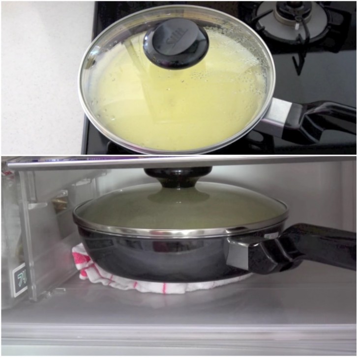 Quando vedete che la crema si è addensata, lasciatela raffreddare a temperatura ambiente e poi riponete la padella in frigo.