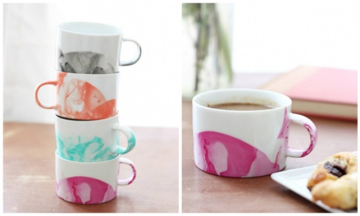 6. Colorate le tazze per la colazione con questa originale fantasia: bastano un po' d'acqua e dello smalto!
