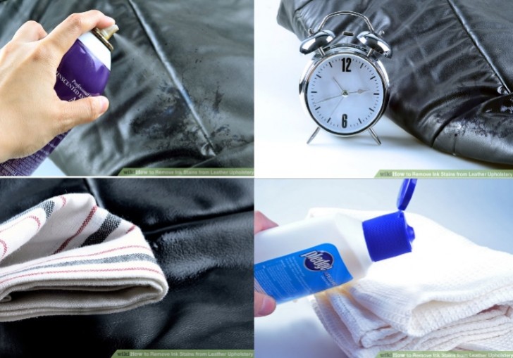 Um Flecken von Lederoberflächen zu entfernen, besprüht sie mit Haarspray. Lasst es 5 Minuten einwirken, wischt es dann mit einem Schwamm ab und wendet ein Lederpflege-Mittel an.