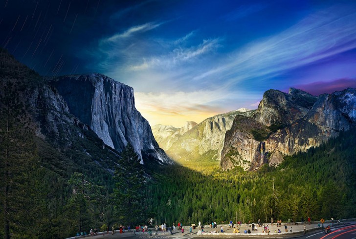 Le jour confronté à la nuit sur un côté d'El Capitan, dans le parc national de Yosemite.
