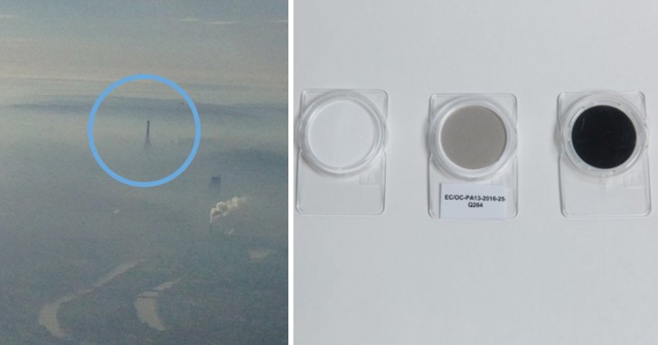 Ecco come appare Parigi in questi giorni. A destra potete vedere il test effettuato esponendo allo smog per 24 ore un apposito filtro di misurazione di PM10.