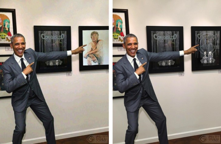 3. Ceci est le faux du faux: Obama n'a jamais posé en montrant du doigt un portrait de Trump nu, ni même la mystérieuse illustration sur la droite.