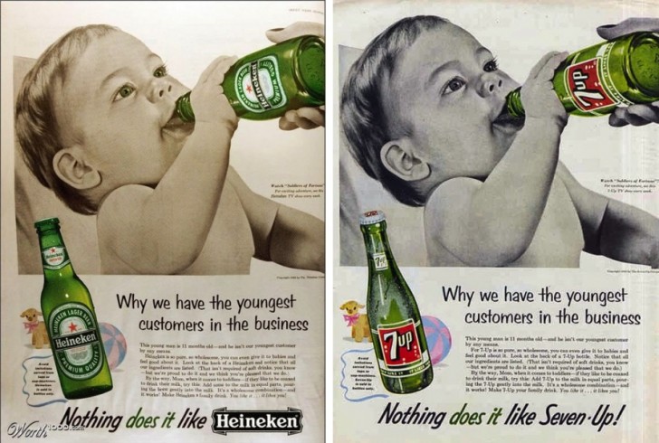 6. Non che un soft-drink come 7 Up sia la bevanda adatta a un bambino, ma quella che mostra il piccolo con una bottiglia di birra in mano non è una vera pubblicità del passato, come invece molti hanno creduto.