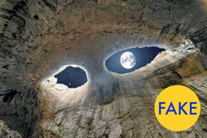 9. Selon un compte Twitter, cette photo représente les "yeux de Dieu". Même si c'est fascinant, et que la grotte existe vraiment (Prohodna, Bulgarie), la scénographique lune a été placée là artificiellement.