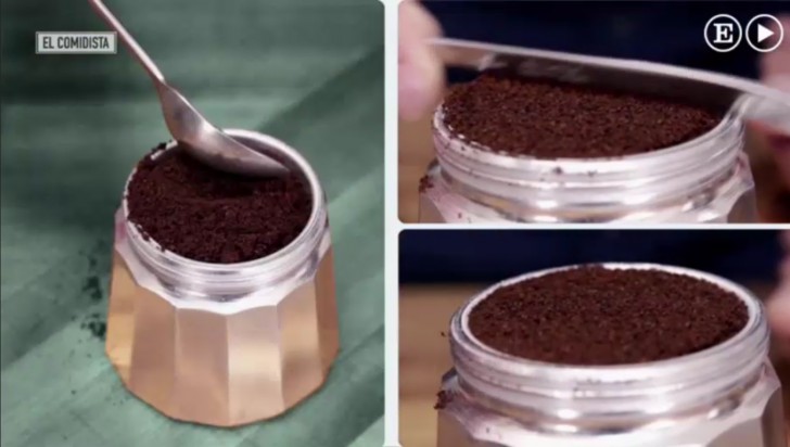 The coffee grounds are placed in the funnel up to the rim. Without applying pressure, use the blade of a knife to remove any excess ground coffee.