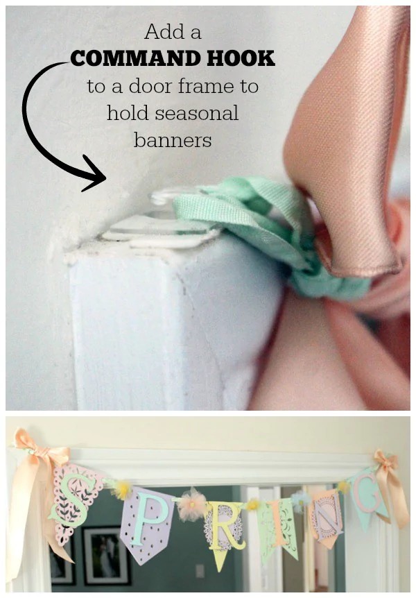 5. Para fijar las decoraciones sobre la puerta, pegar un gancho adhesivo sobre la canillera superior.