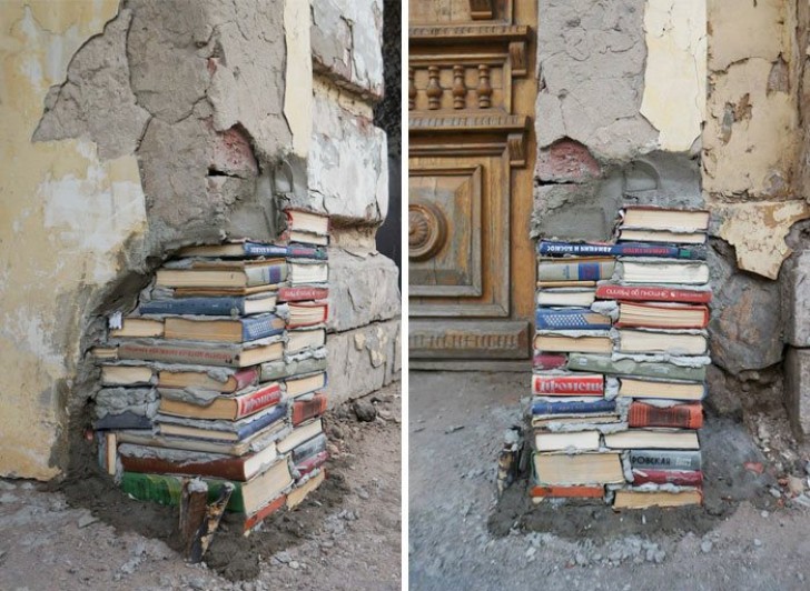 13. Per riparare muri si scelgono di usare... pile di libri.