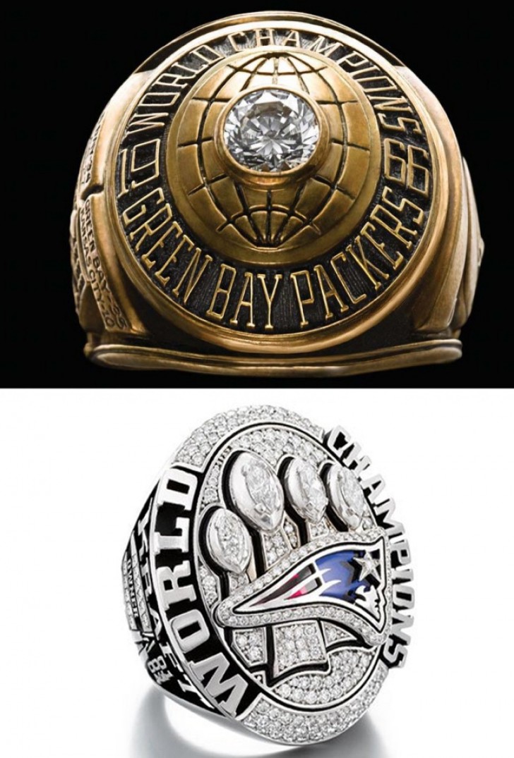 8. I vincitori del SuperBowl americano vincono proprio questi anelli, ma la 1° foto mostra il primo anello in palio, la 2° quello vinto nel 2015!
